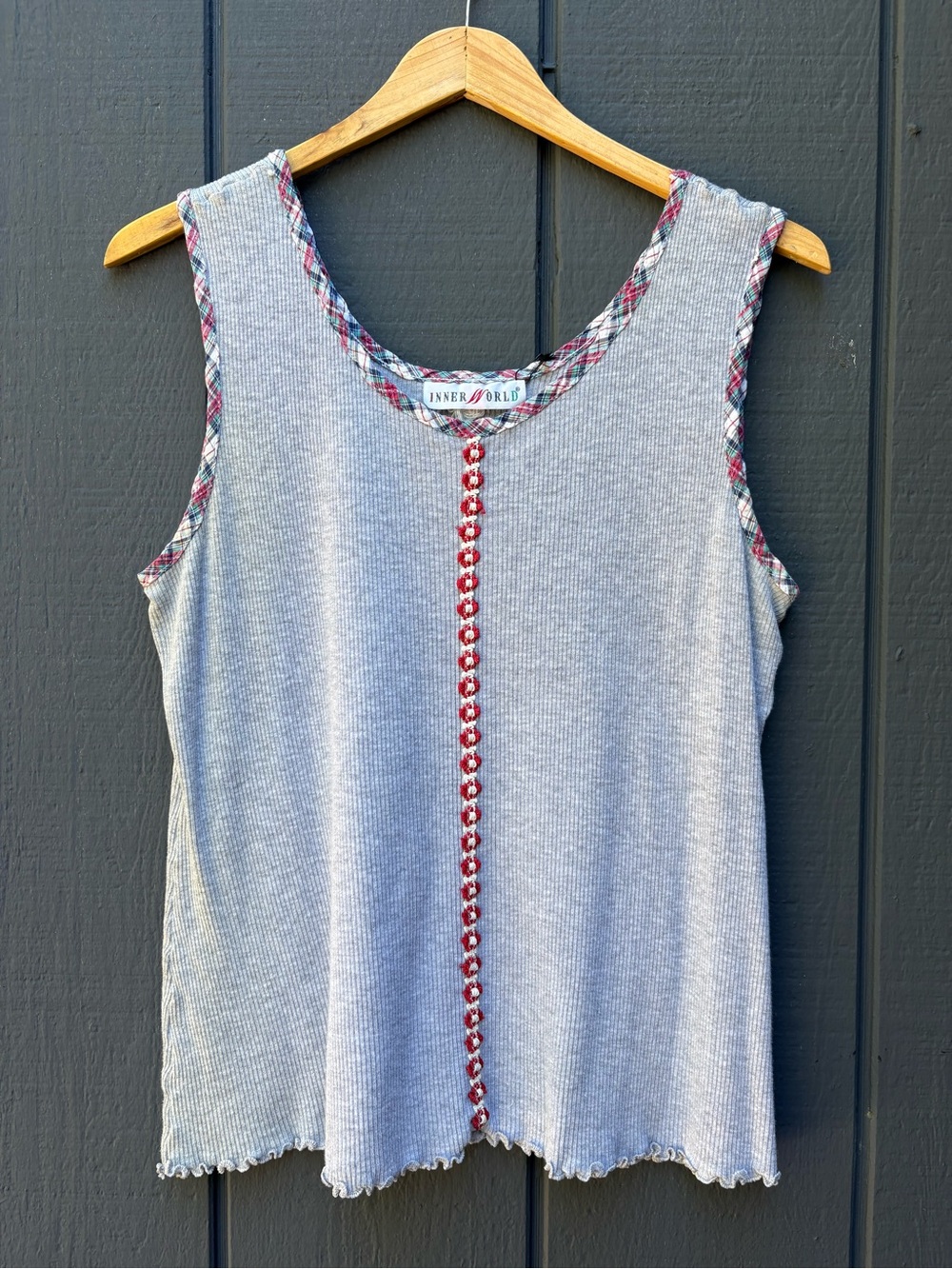 Vintage Gray Ribbed Tank with Plaid Trim